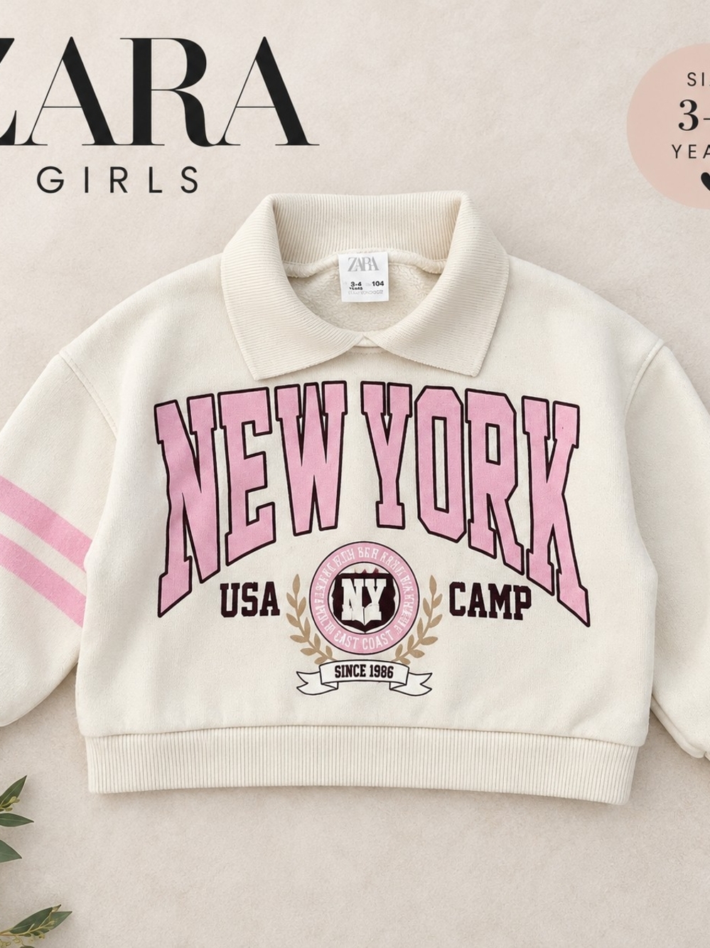 Zara Girls Cream & Pink "New York" Polo Sweatshirt
